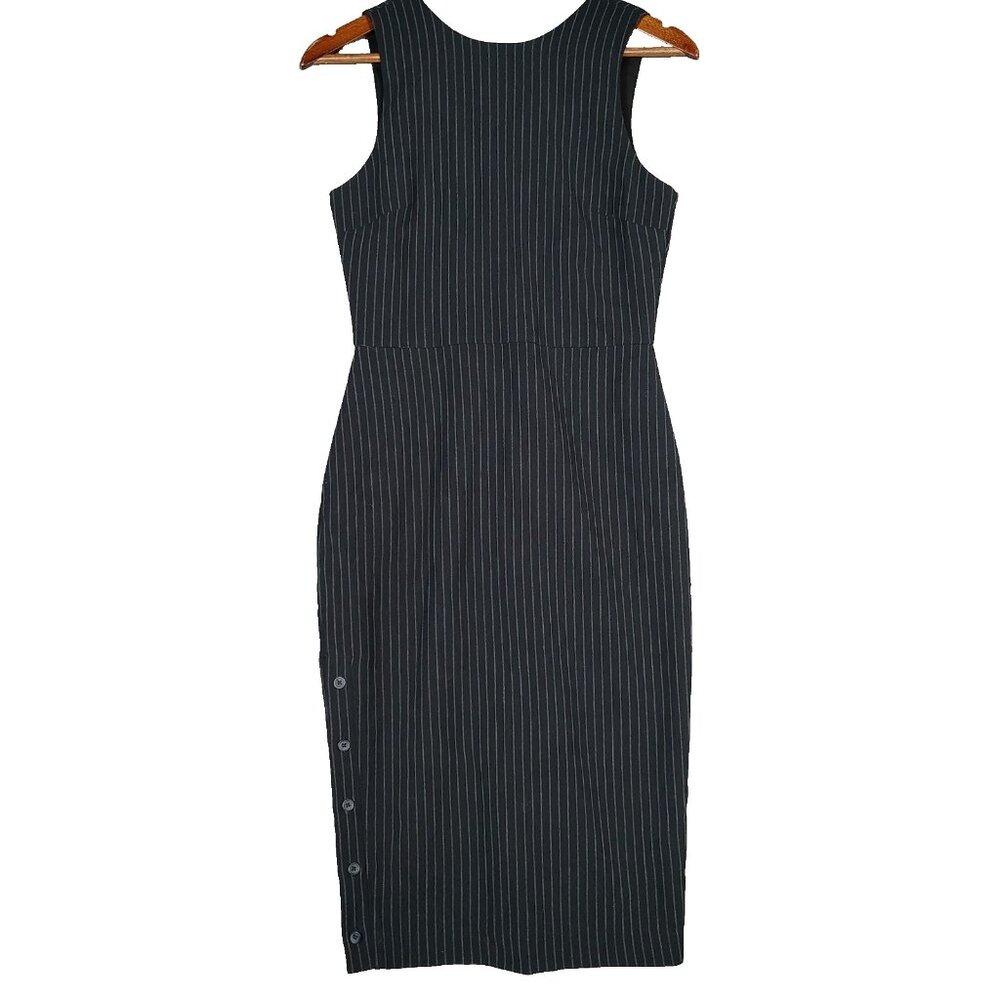 Banana Republic Dress Women 2 Black Pinstriped Lined Stretch Side Buttons Sheath
